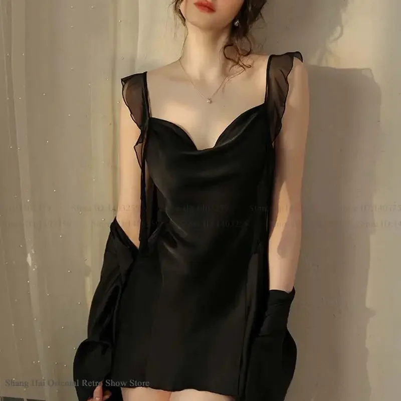 Sexy Silky Satin Wedding Robe Nightgown 2Pcs Set Perspective Lace Nightdress Lingerie Loose Home Dress Lounge Wear Bathrobe