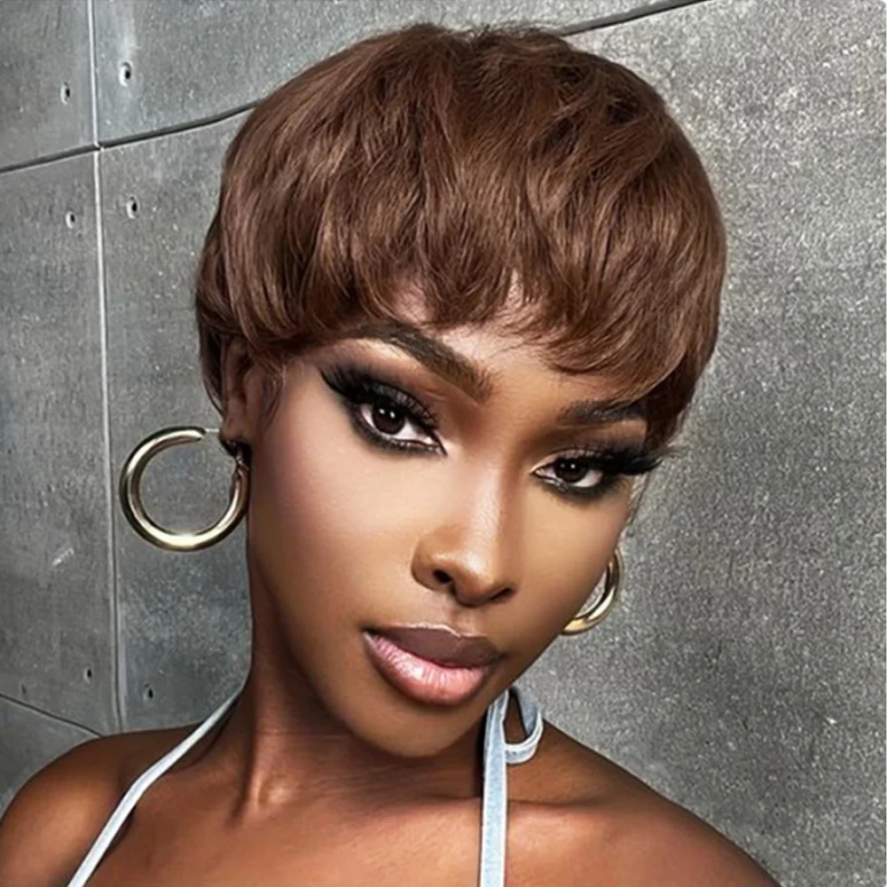 Short Pixie Cut Remy Human Hair Wigs Ready To Wear Glueless Straight#1B#27/#4/#99j Colord Full Machine Made Bob Wig With Bangs