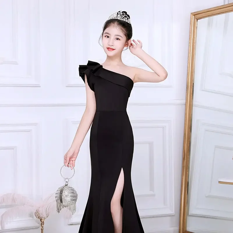 Ruffle Sexy Slit Kid Evening Dress Children Girl Bodycon One Shoulder Ball Gowns Birthday Elegant Mermaid Wedding Party Dresses