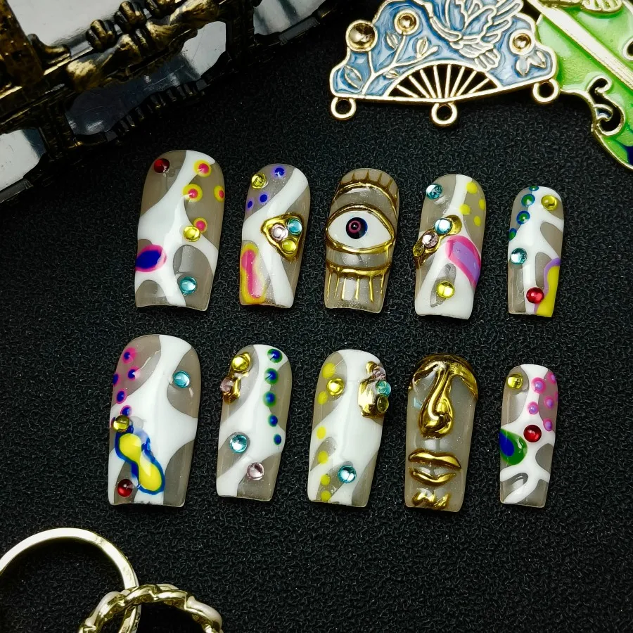 10pcs Square Handmade Press On Nails Medium Length Y2K Fresh Style Colorful Abstract Art Design With 3D Rhinestone Accents Suitable For Summer Parties For Women