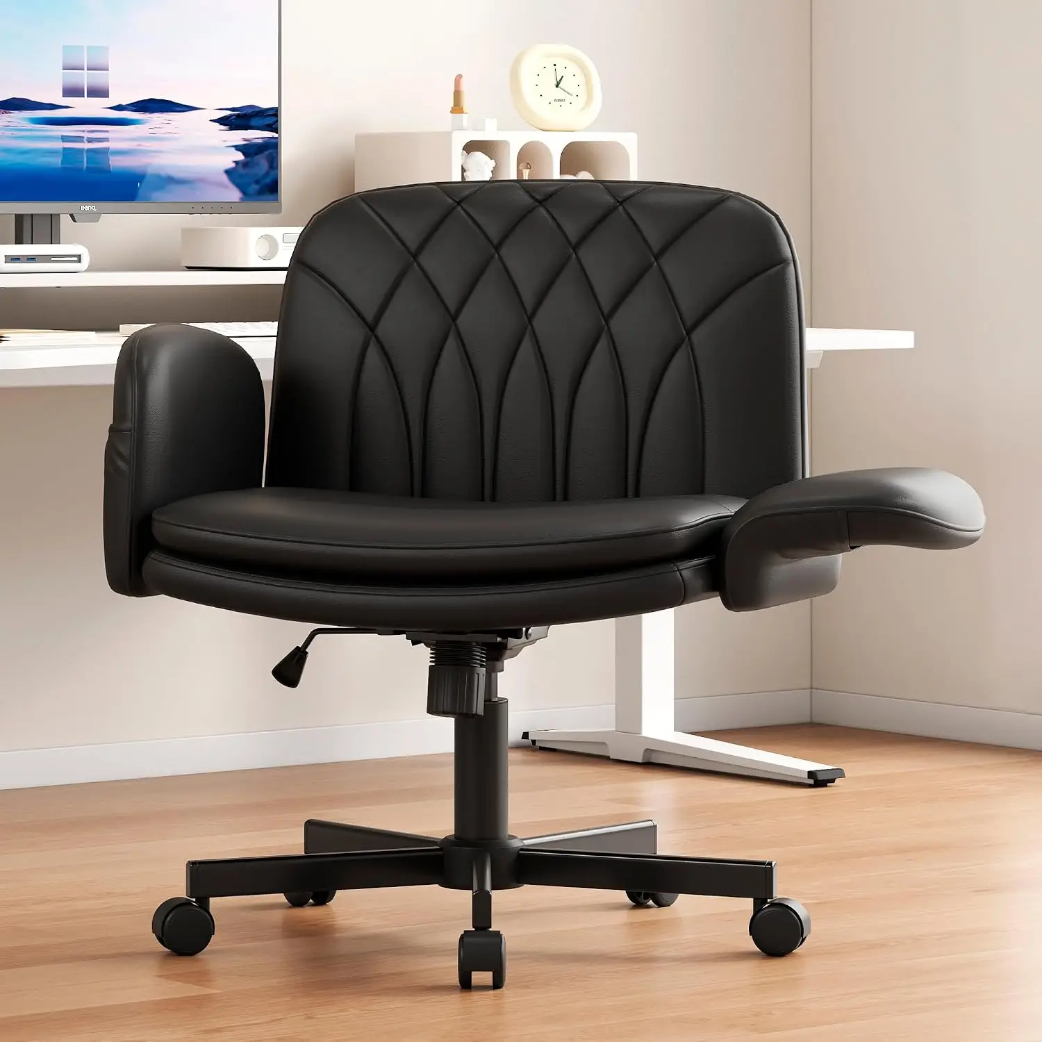 Criss Cross Chair with Armrests & Wheels for Cross-Legged Sitting, Comfortable PU Leather Vanity Chair, Office Desk Chairs