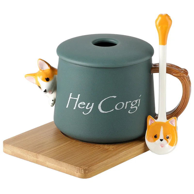 Cute Corgi Ceramic Coffee Mug Comes with Lid Spoon Drinking Glasses Home Office Couples Kawaii Cup Beautiful Tea Mugs