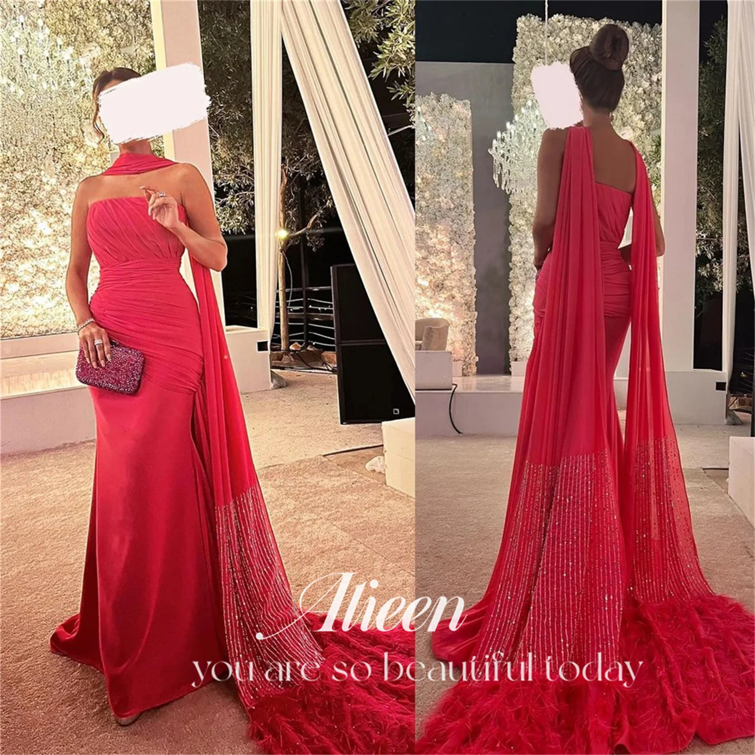 Aileen-lujoso chal De plumas rojas para mujer, vestidos De graduación brillantes, vestido De recepción, vestido De baile, bata De noche, 2024