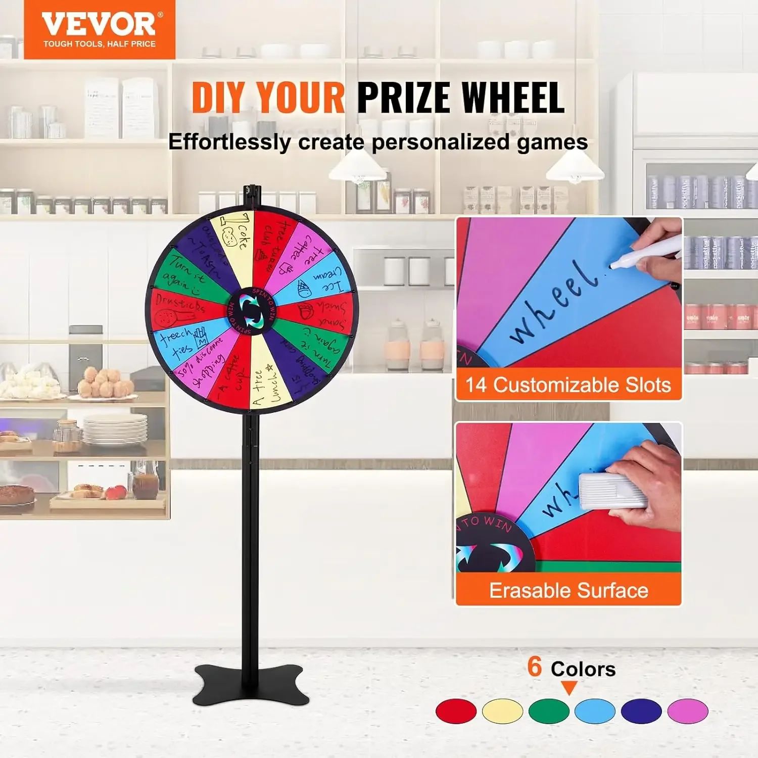 24 inch Spinning Prize Wheel, 14 Slots Spinning Wheel, Roulette Wheel with a Dry Erase and 2 Markers