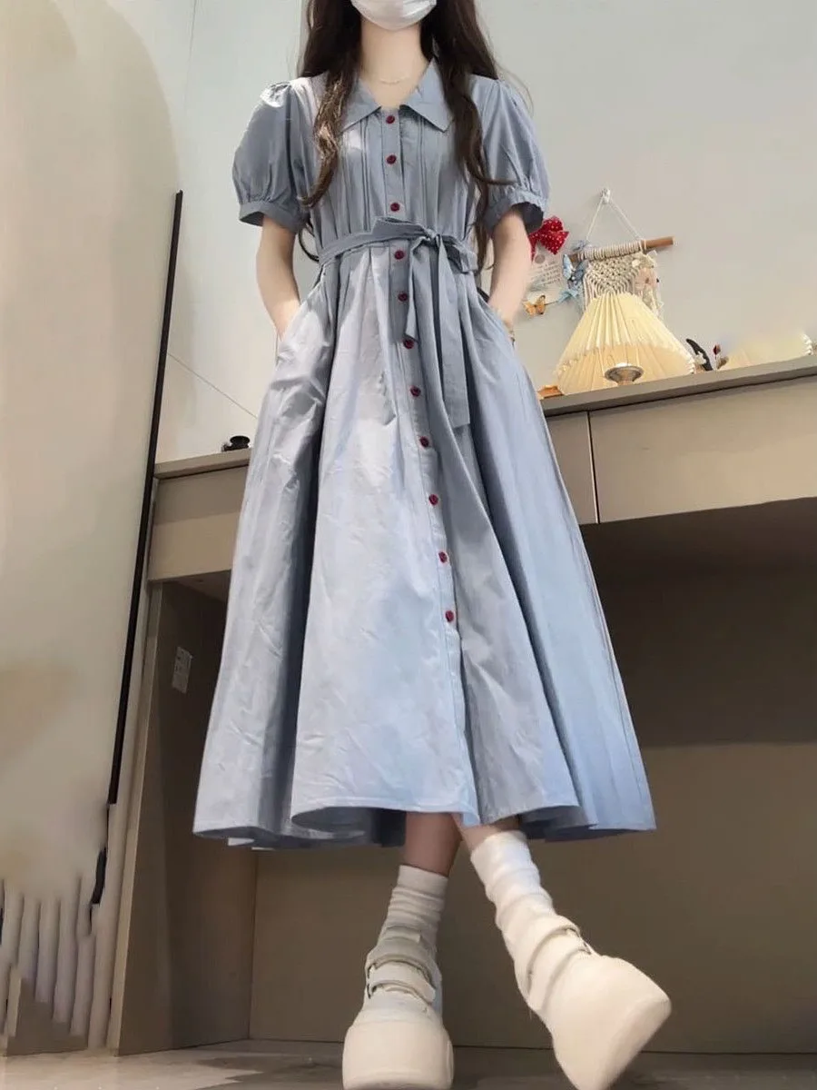 Abito estetico accademico Abito camicia con colletto polo 2025 Nuovo abito longuette ALine stile ragazza morbida Donna Cottagecore Serein Vibe