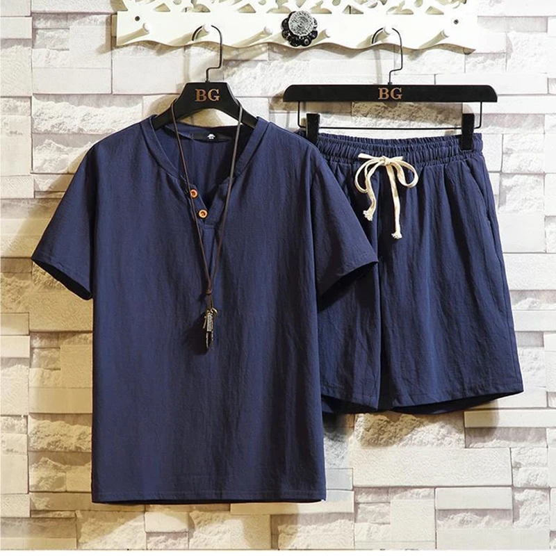

Summer Cotton Linen Sets Men Lightweight Breathable T-shirts Suits Cotton Linen Short-sleeved Shorts Outdoor Beach Casual Set