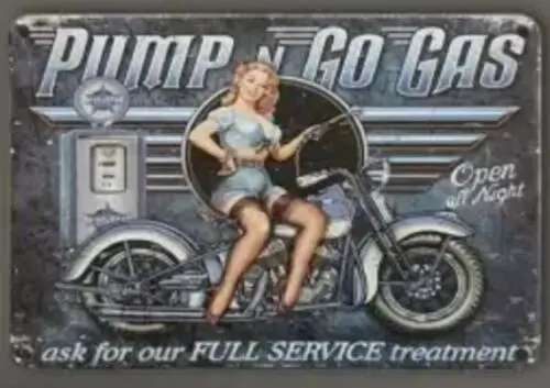 Vintage Metallschilder Wanddekoration, „Pump and Go“ Blechschild Retro Auto und Frau Pa-Aluminium