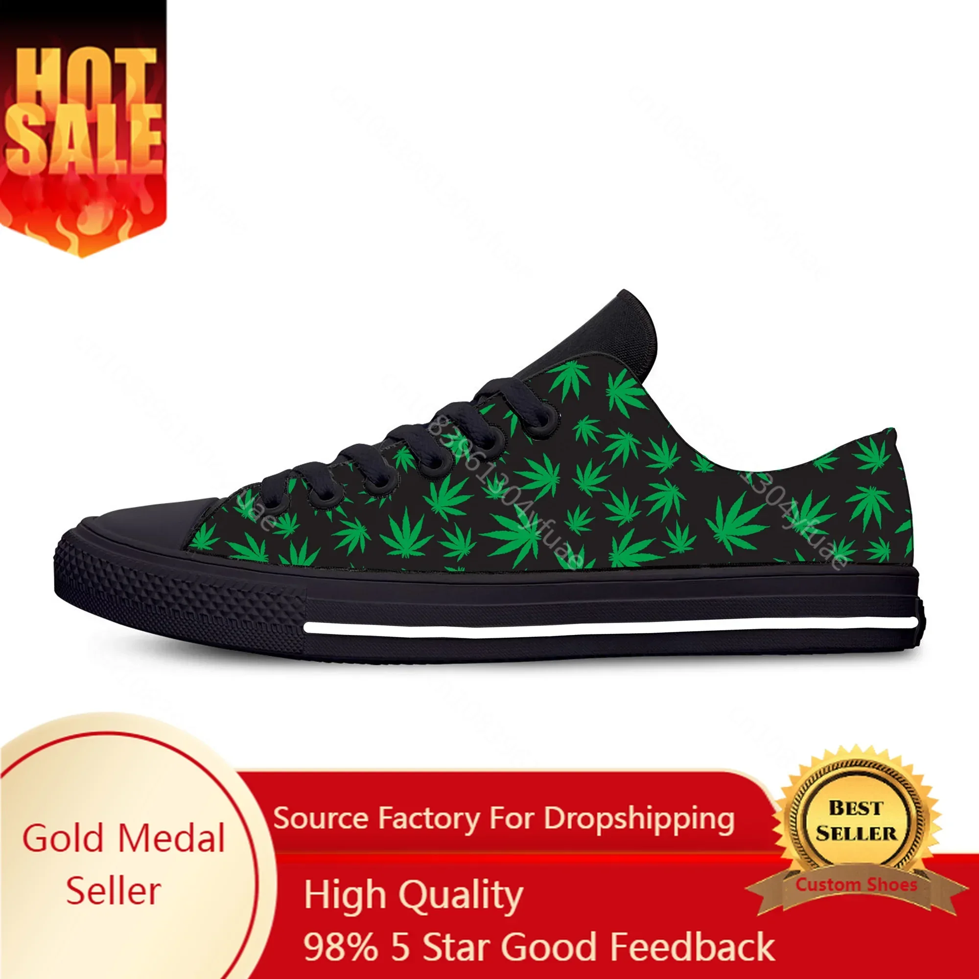 Anime Cartoon Weed Leaf Leaves Pot Marijuana Funny Casual Cloth Shoes Low Top Lightweight Breathable 3D Print Men Women Sneakers