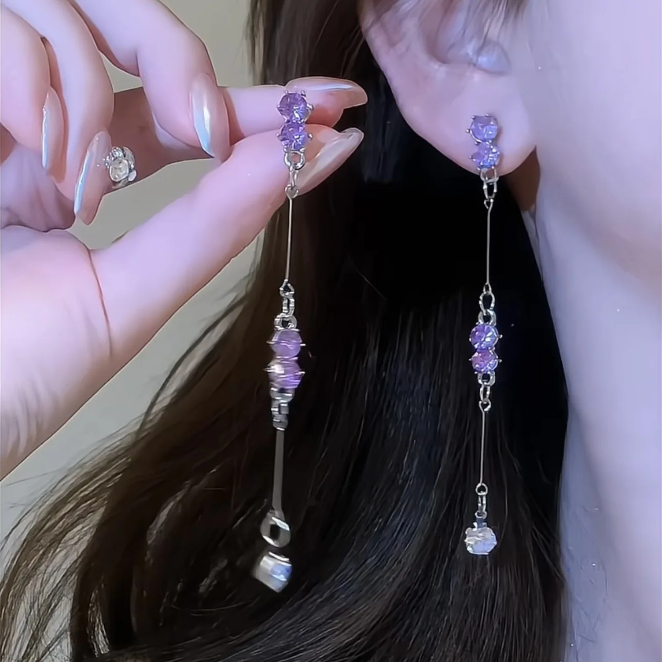 Y2K Purple Zircon Long Tassel Earrings for Women Girls Luxury Metal Crystal Geometric Temperament Drop Earrings Wedding Jewelry