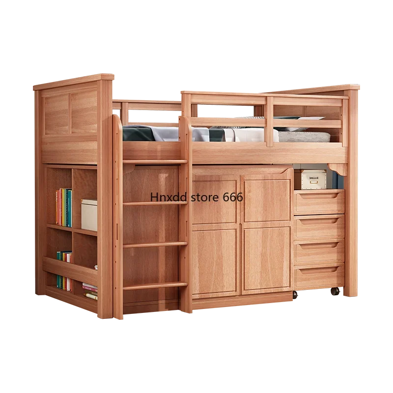 Solid wood children with guardrail on the bed and half a high bed on the table with storage