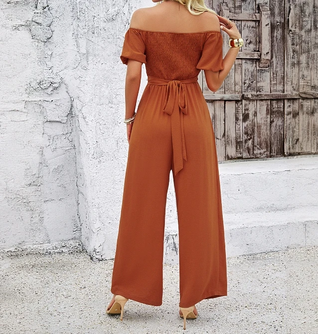 Women's Jumpsuit 2024 Summer Off Shoulder One Line Neck Puff Sleeves Hollow Out Lace Up High Waisted Wide-Leg Overall for Women