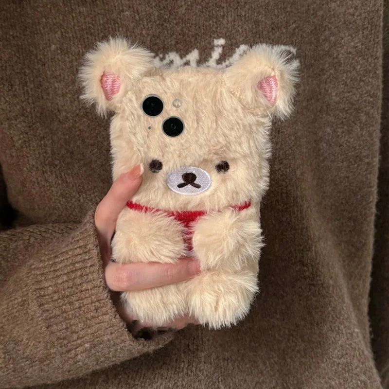Luxury brown white bear Fluffy Fur phone case protection for iPhone 17 16 15 13 12 11 14 Pro Max XR 7 8 Plus Lovely Plush Coque