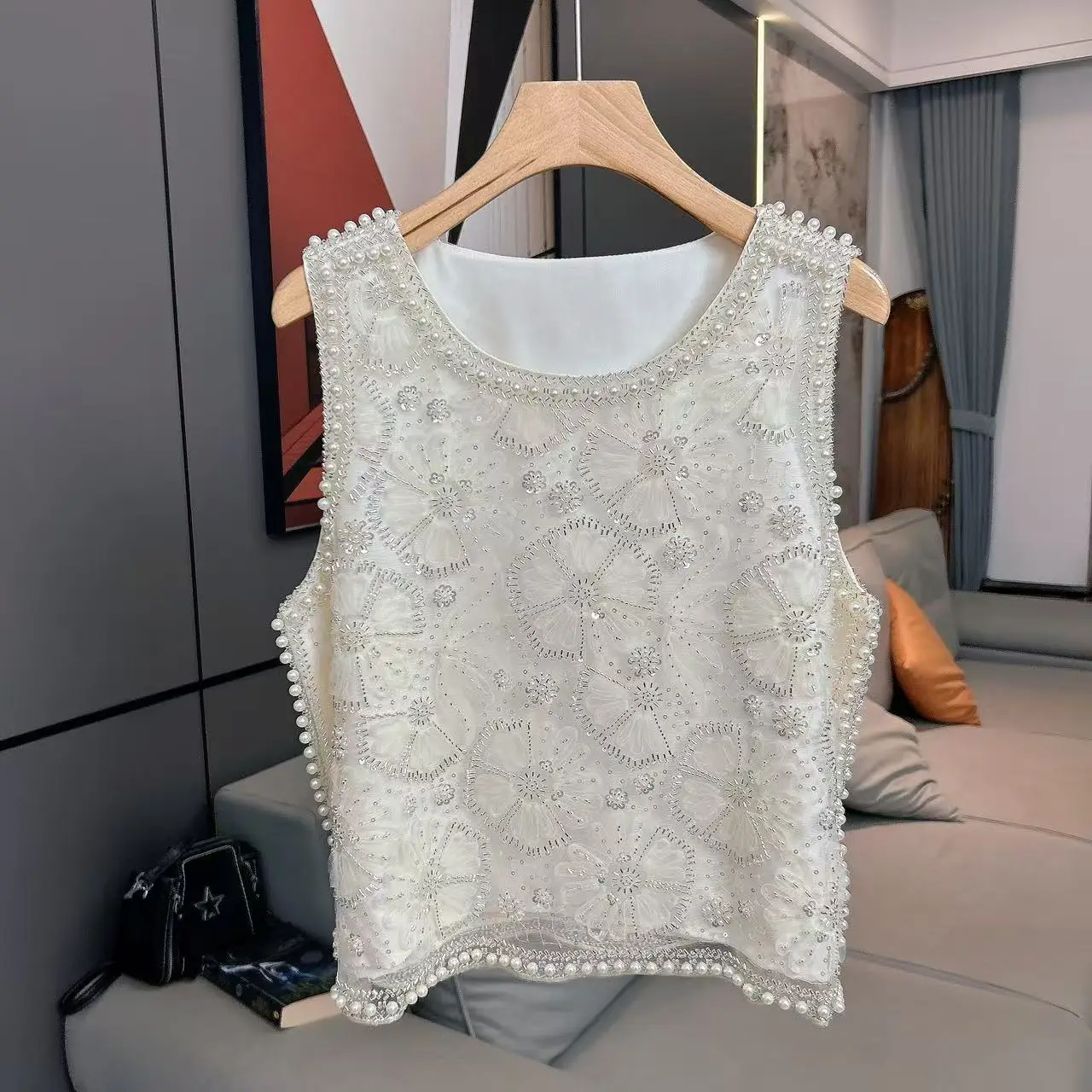 Romantyczne Lilie Letnie Nowe Grube Koraliki Okrągły Wszechstronny Top na Ramiączkach Damski Modny Poliester Casual Odzież Wierzchnia