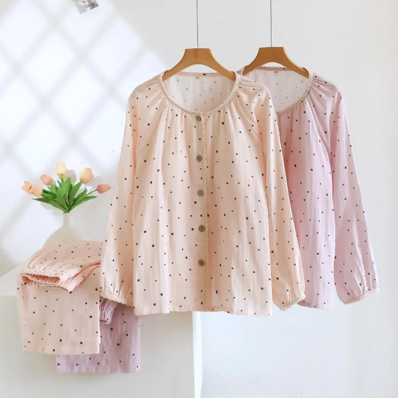 

2025 Новый весенне-осенний женский пижамный комплект из 100% хлопка и марли с нагрудным ковриком, длинные брюки с длинными рукавами, домашняя одежда, комплект из двух предметов