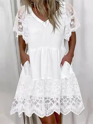 White Lace Patchwork Dress For Women Summer 2024 Casual V-neck Short Sleeved A-line Dress Fashion Boho Beach Dresses