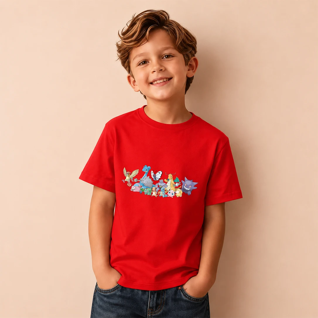 Kids Pokemon Gengar Dragonite Group Characters Print Short Sleeve T-Shirt Boys Cartoon Graphic Casual Tee Children Birthday Gift