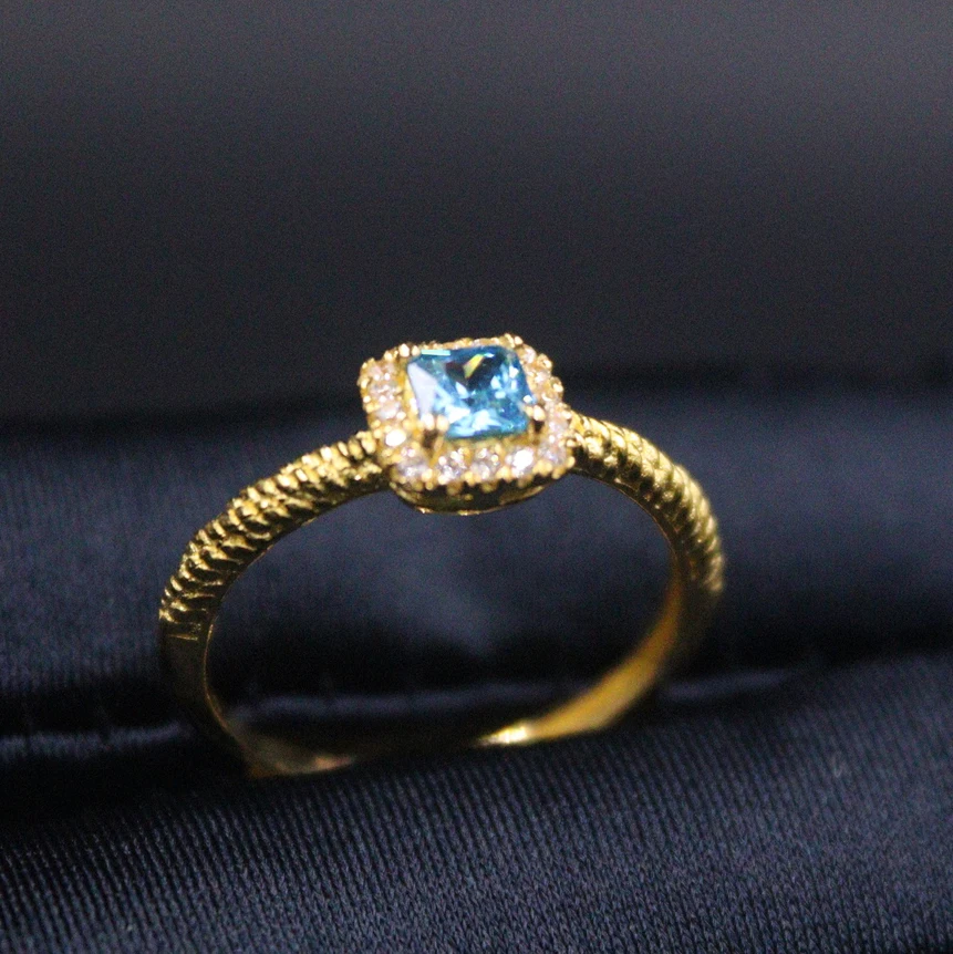 999 Pure 24K Yellow Gold Ring For Women Blue Cubic Zirconic Square Gemstone Engagement Sugar Twist Band Ring 6-8 Size