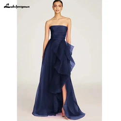 Navy Blue Organza فساتين السهرة Sexy Side Split Sleeveless Vestidos De Noche Strapless A-line Prom Dress Customized