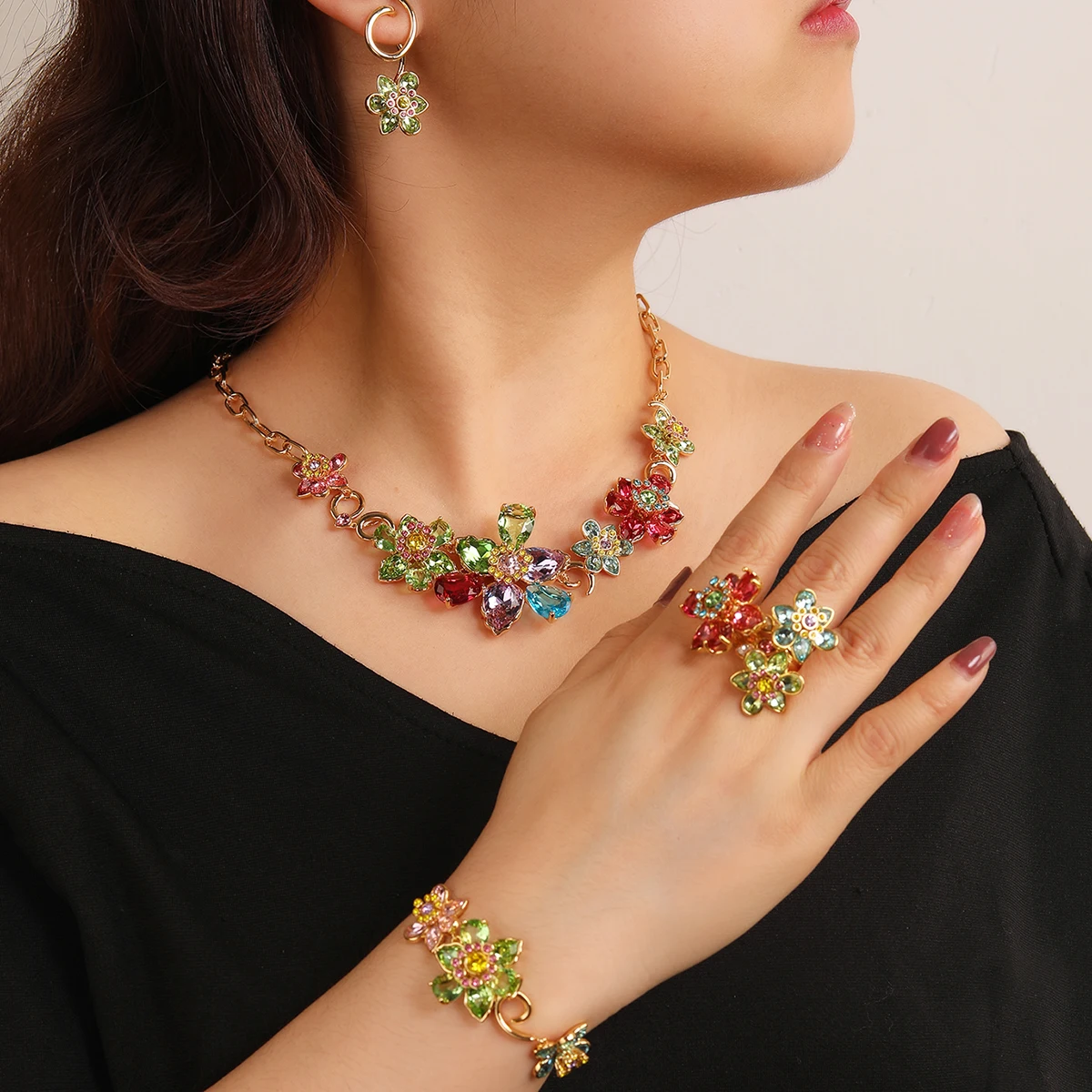 Pretty CZ Zircon Flower Bridal Wedding Necklace Earring Ring Bracelet Sets Women Party Prom Jewelry Accessories CN11616F