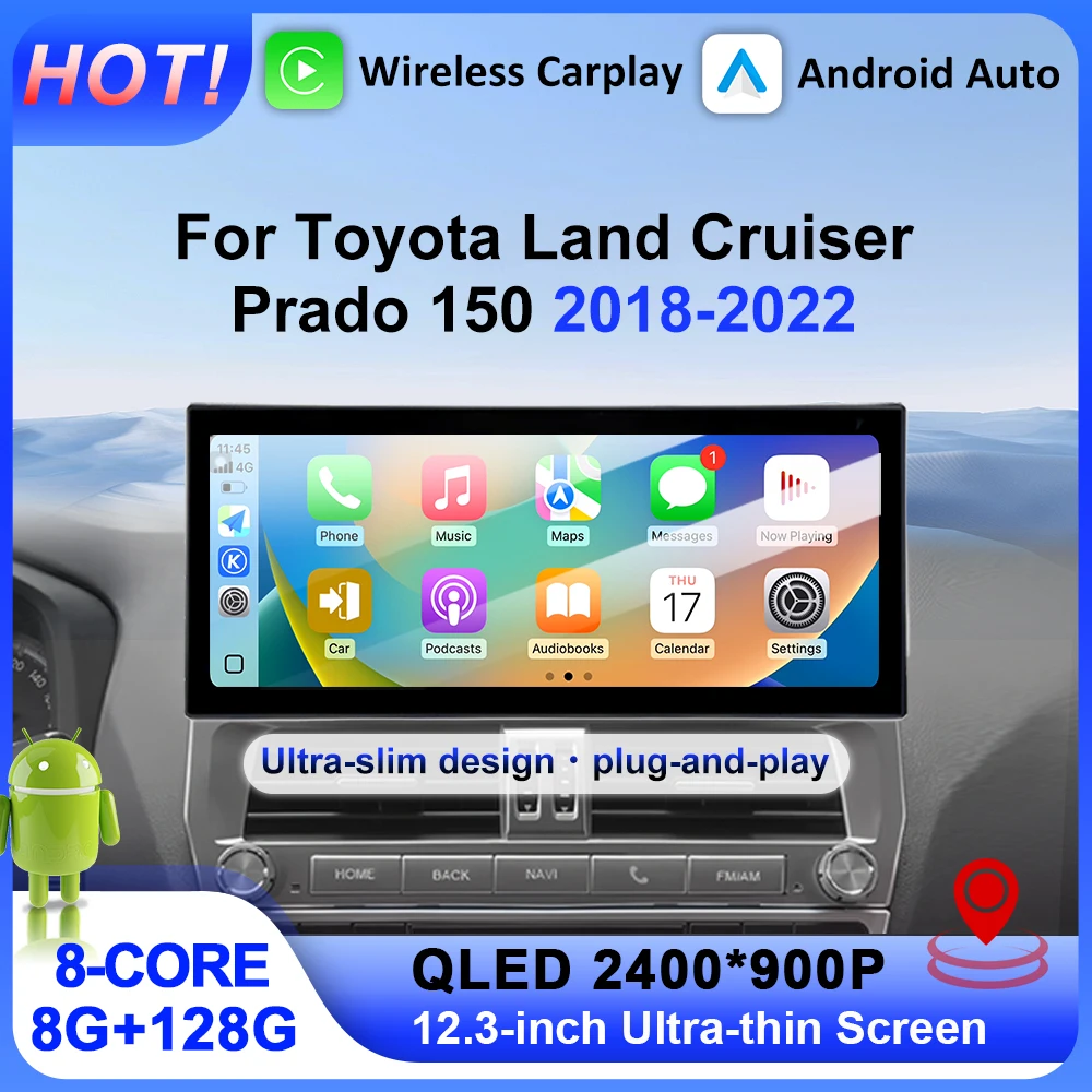 لتويوتا لاند كروزر برادو 150 2018-2022 اللاسلكية Carplay أندرويد السيارات BT واي فاي 4G DSP 12.3 بوصة QLED شاشة اكسسوارات السيارات