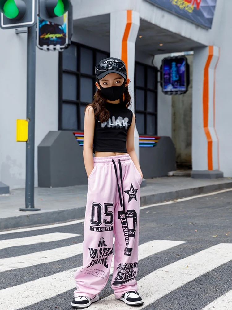 2024 Girls Modern Hip Hop Dance Costumes For Kids Black Vest Pink Pants Streetwear Children Jazz Performance Stage Wear DN17956