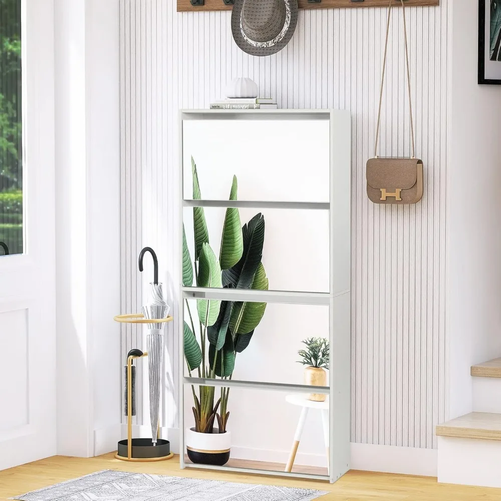 White Shoe Cabinet for Entryway Slim, Narrow Freestanding Shoe Rack with 4 Flip Drawers&Mirror