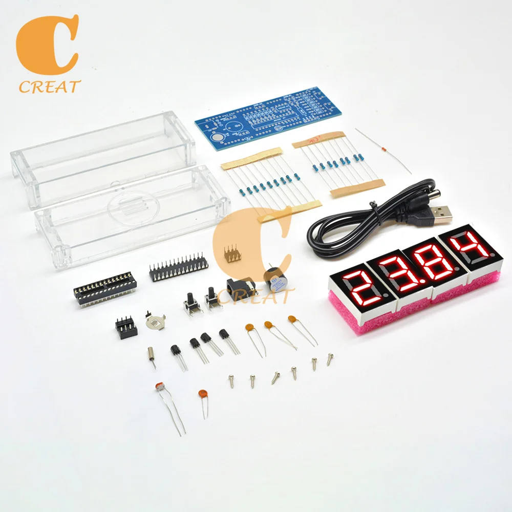 Electronic Clock LED Microcontroller Digital Display Light Control Temperature Thermometer 4-Digit With Transparent Case DIY Kit