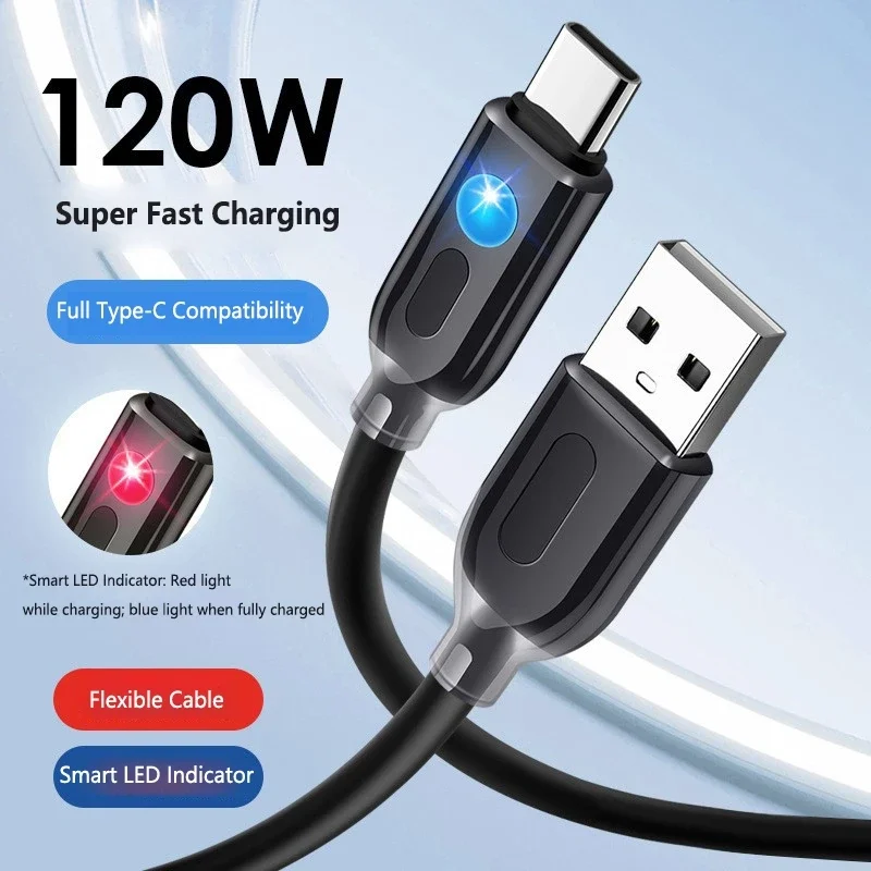 120W Fast Charging Cable USB-C RGB Flowing LED Light High Speed Data Sync Charging Cable Cord For iPhone Xiaomi Samsung Huawei