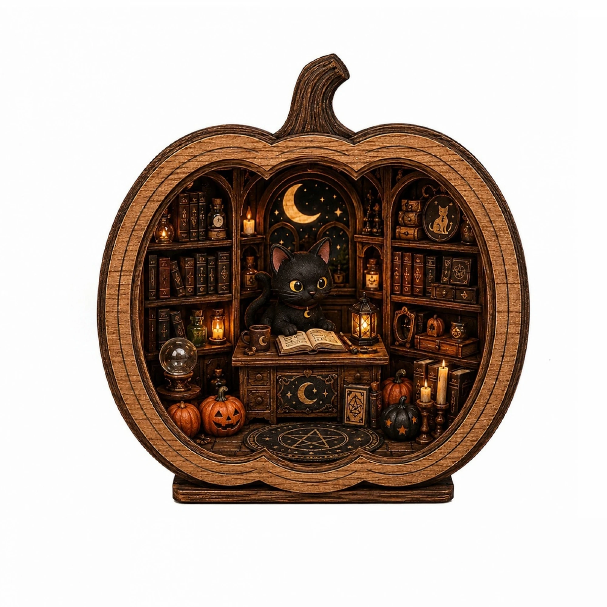 Halloween Pumpkin Figurine Black Cat Magic Bookshop Scene Display Stand