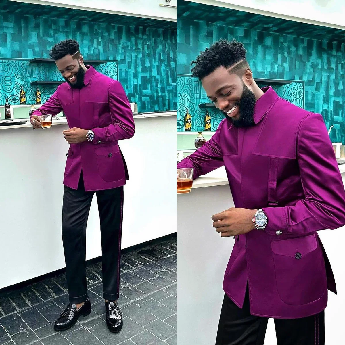 Formal Men's Suits 2 Piece Jacket Pants Full Sets Single Breasted Stand Lapel Skinny Male Clothing Customized Costume Homme