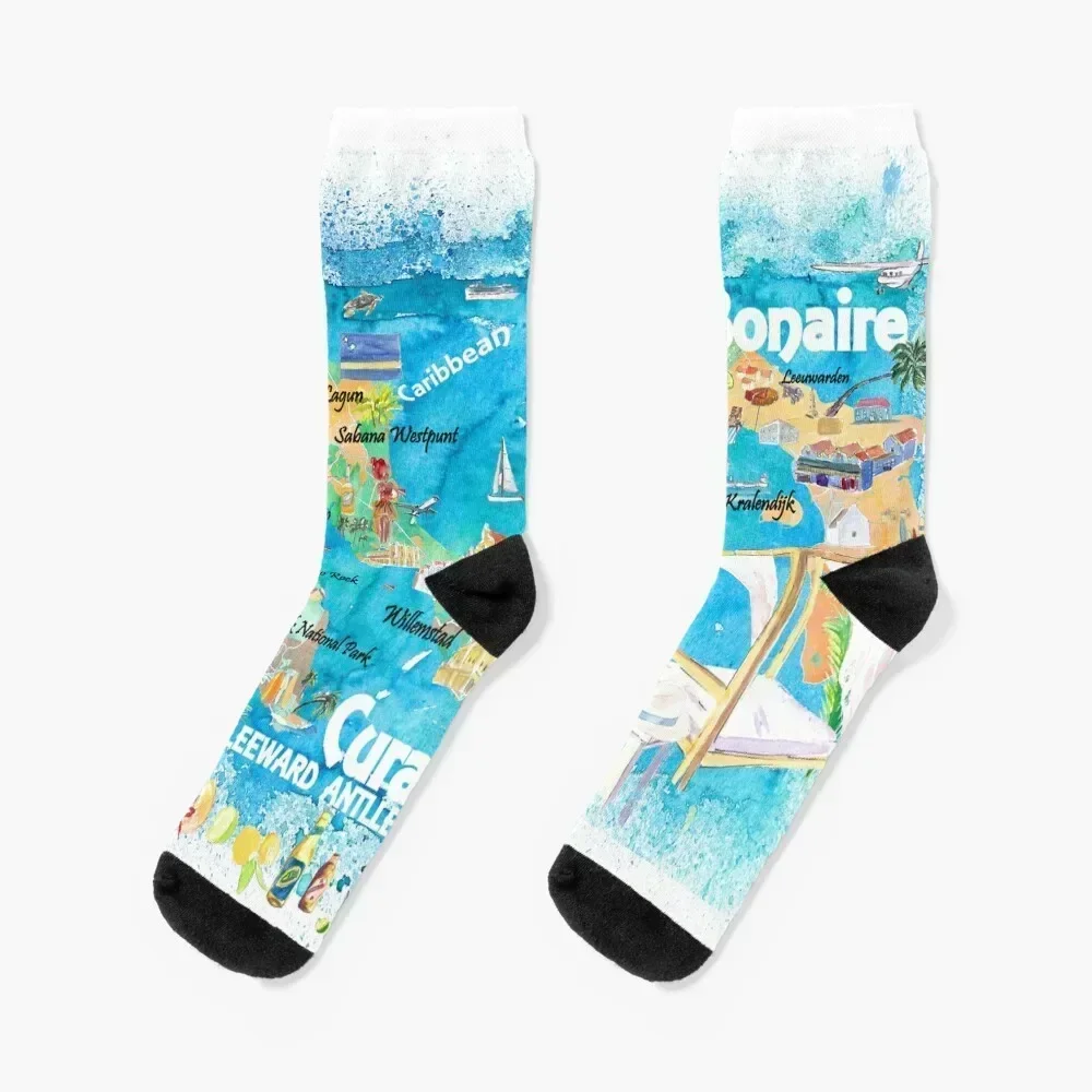 

Aruba Bonaire Curacao Illustrated Islands Travel Map with Roads and Highlights Socks gym Toe sports Climbing Girl'S Socks Men's