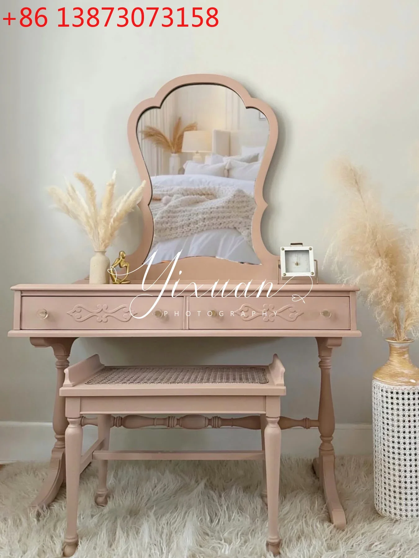 

French retro solid wood carving flower Korean pink dressing table Nordic European makeup table with mirror furniture combination