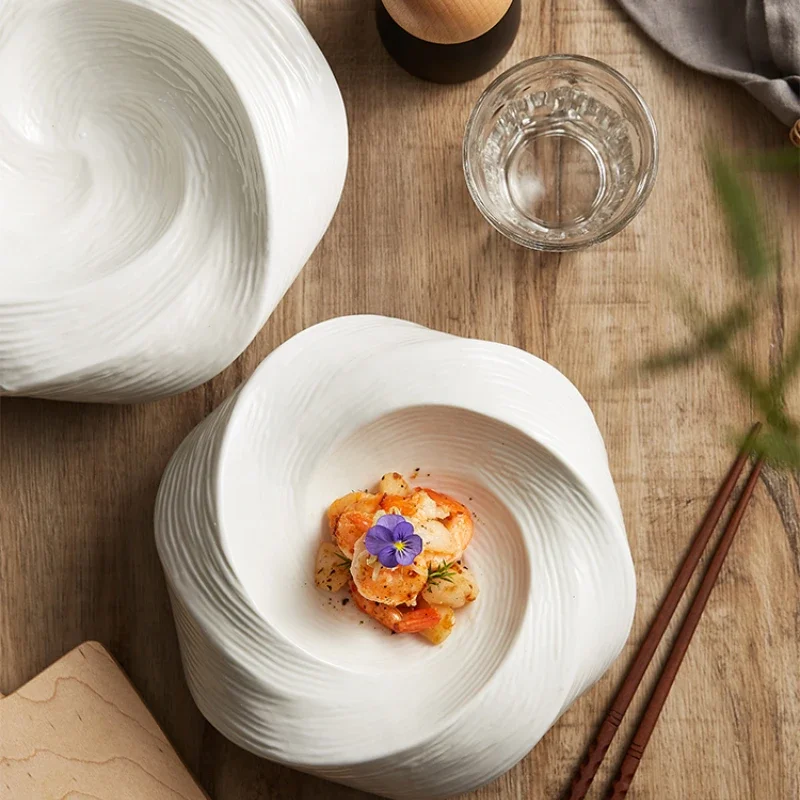 White Ceramic Plate Insulation Plate Hotel Restaurant Fruit Dessert Salad Plate Artistic Conception Dishes Kitchen Tableware