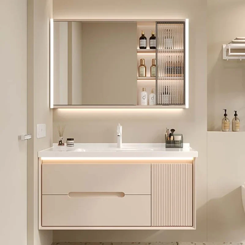 Cream Bathroom Cabinet Ceramic Integrated Basin Solid Wood Washbasin Cabinet Simple Intelligent Mobile Bagno Furniture