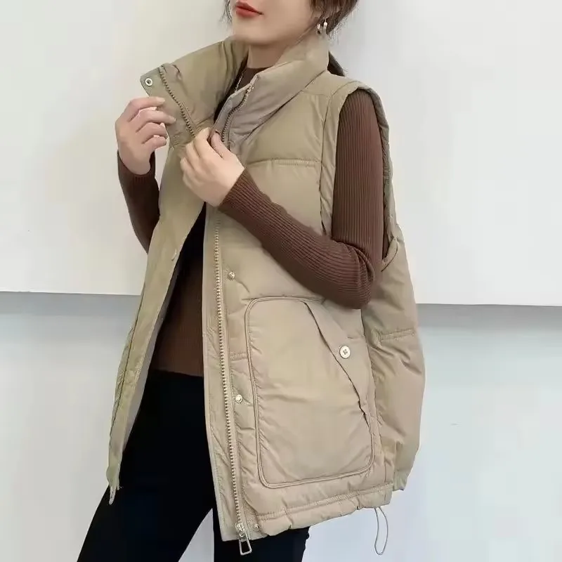 

Solid Loose Casual Down Cotton Vest Women's Autumn Winter Korean Thicken Warm Pocket Outerwear Sleeveless Waistcoat