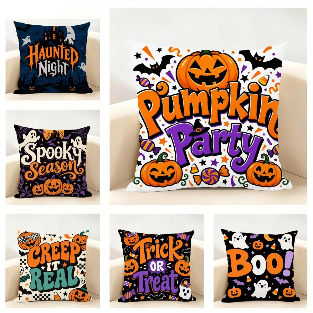H-Halloween Text Graphic Mix Cushion Cover Linen Minimalist Soft  for Sofa Bed Home Room Decor