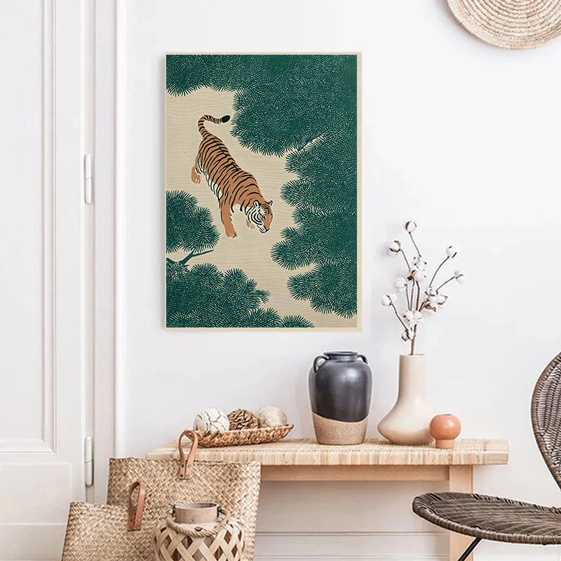 Japanese Tiger Crane Koi Green Wave Poster Minimalist Asian Zen Jungle Canvas Painting Print Wall Art Vintage Japandi Home Decor