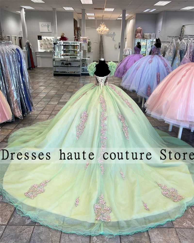 Green Tulle Crystal Quinceanera Dresses 2025 Puffy Ball Gown Lace Appliques Sweet 16 Dress Customized Vestidos De 15 Años