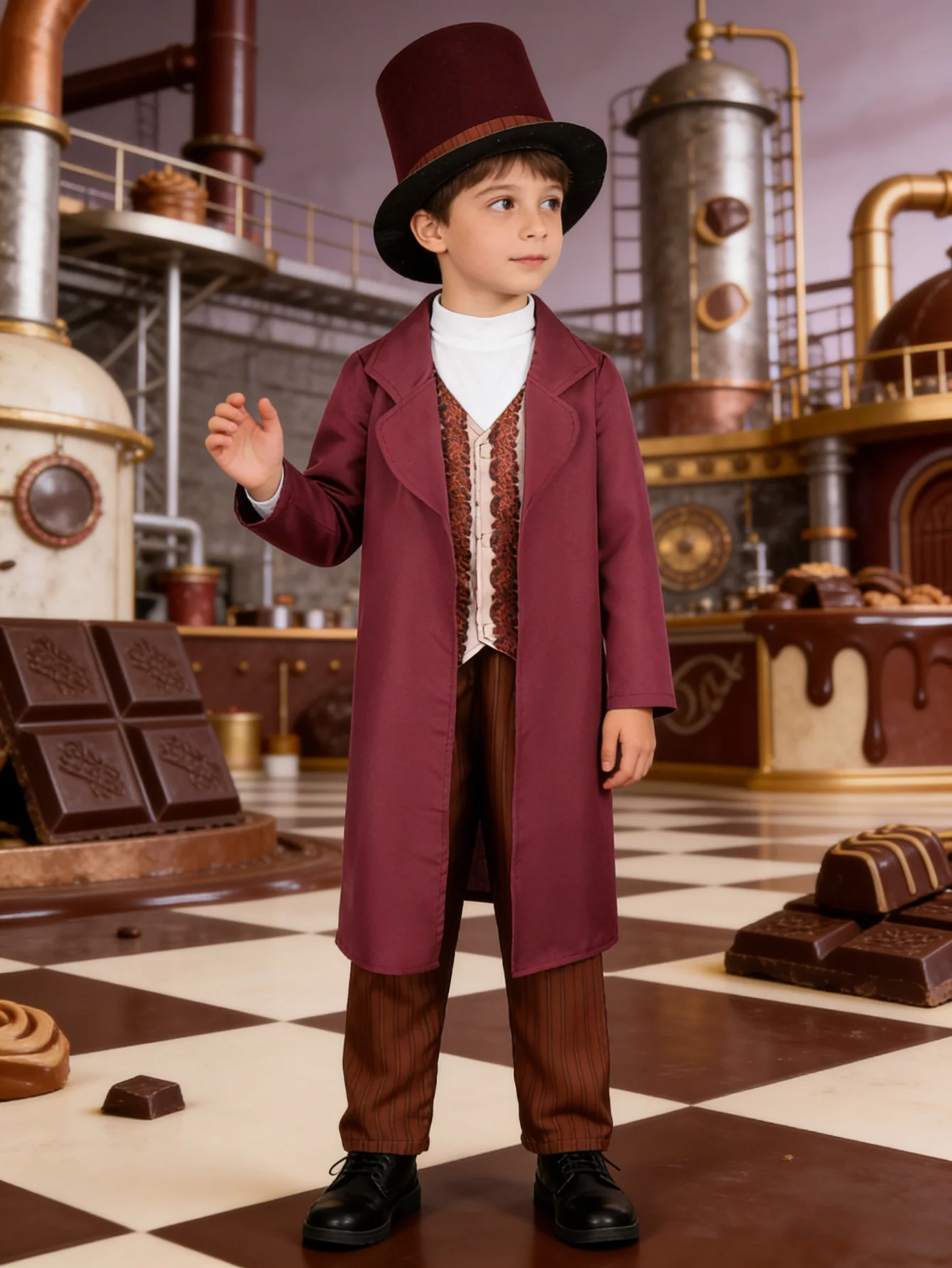 

Комплект из 3 предметов для мальчиков: фиолетовый топ + коричневые брюки + фиолетовая шляпа, фасон плаща средней длины, без пуговиц, прямой свободный крой, длина до бедер, дизайн с длинными рукавами, подходит для Хэллоуина, карнавальных вечеринок.