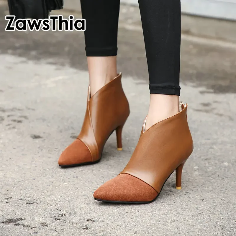 

Winter woman thin high heels V cut design pointed toe sexy ladies pumps shoes zipper ankle short boots for women size 33-46