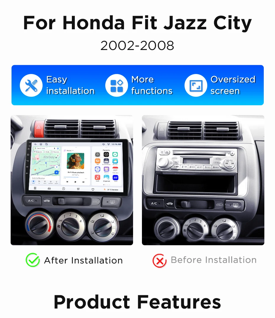 Junsun Wireless CarPlay Android Auto Autoradio für Honda Fit Jazz City 2002-2007 Auto-Intelligentes System DSP SWC RDS GPS FM BT – Detail 3