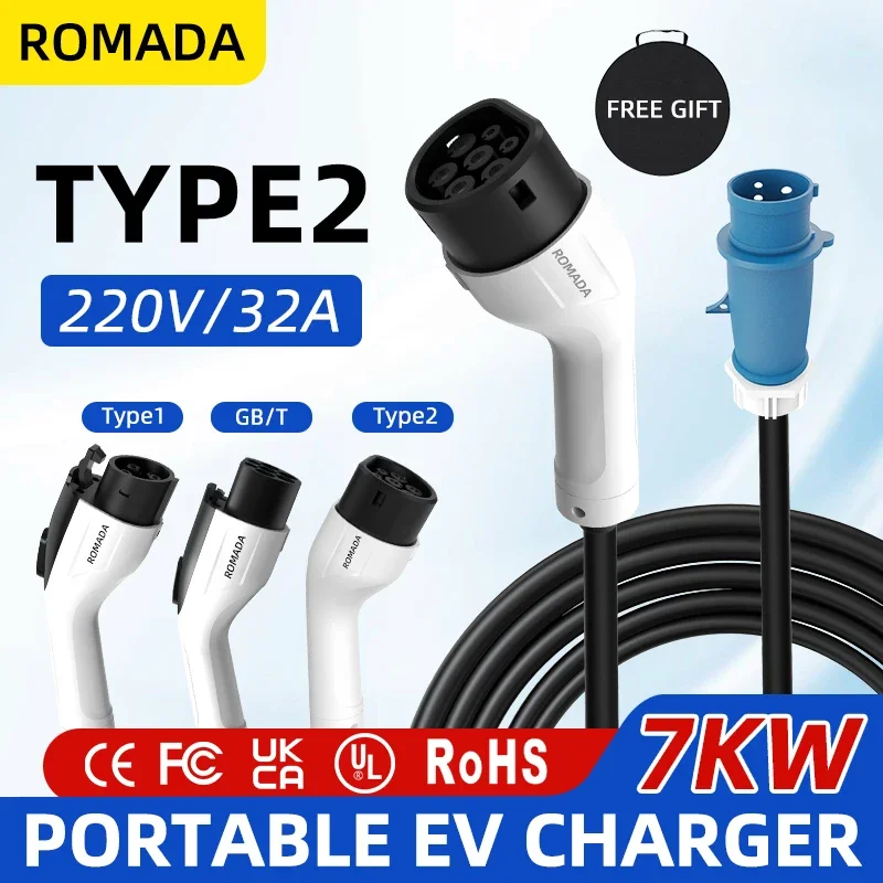 ROMADA Portable EV Charger Type2 GBT20234 32A 7KW EVSE Charging for Home & Outdoor Use
