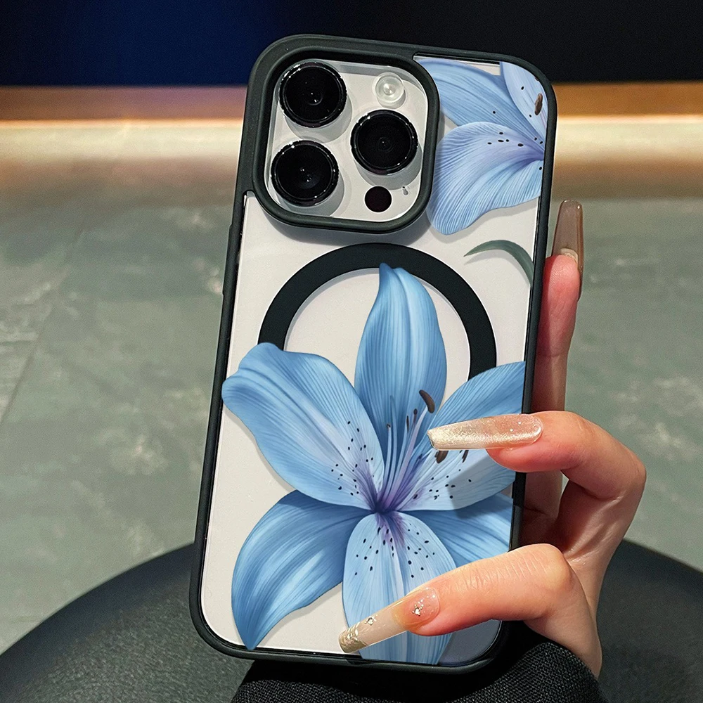 Прозрачный чехол Lce Blue Lily для Magsafe iPhone 14 Pro Max 17 15 14 11 13 12 ProMax 16 15 14 Plus, чехлы из ТПУ для беспроводной зарядки