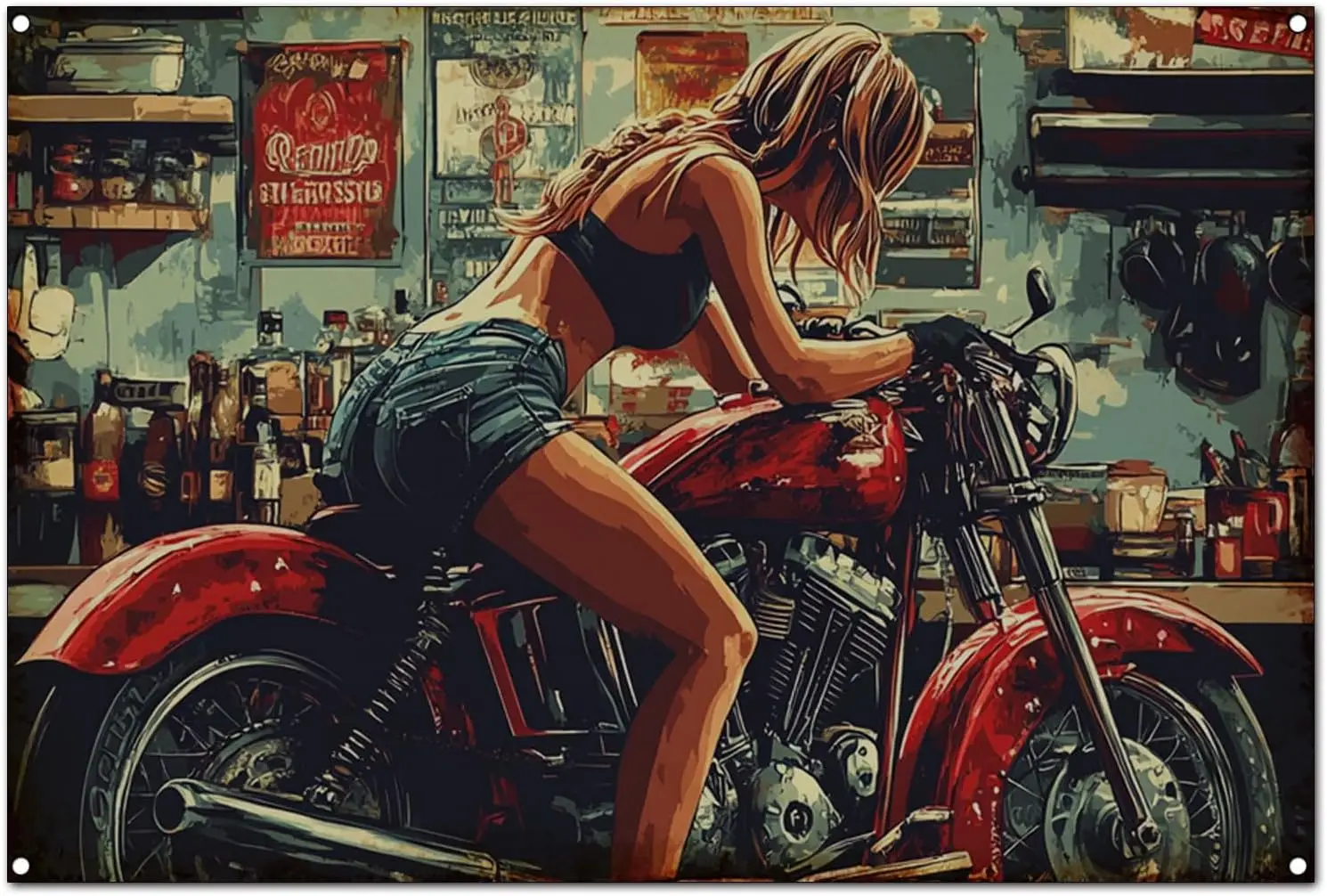 u1,Original Vintage Design Wall Art Print Poster,A Pretty Girl Fixing Motorcycles, Funny Retro Classic Art Wall Decoration, Gara