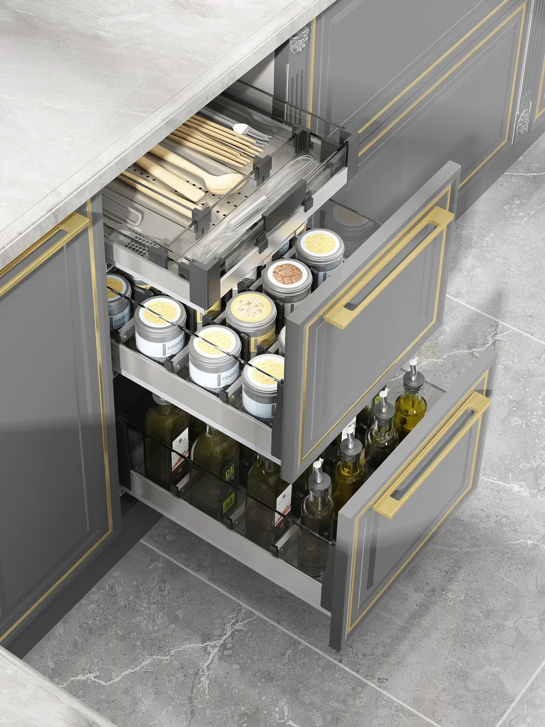 seasoning baskets, drawers, push-pull storage baskets, divided into 3 layers with damping