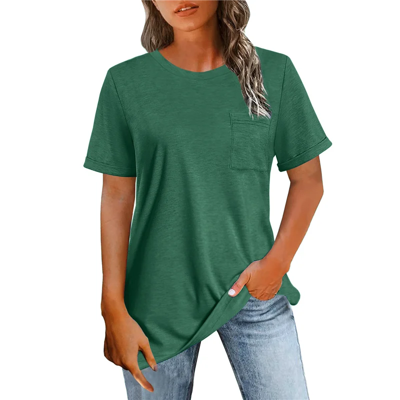

A83F-Womens Summer Tops Casual Short Sleeve Shirts With Pocket Crew Neck Tee Classic Fit