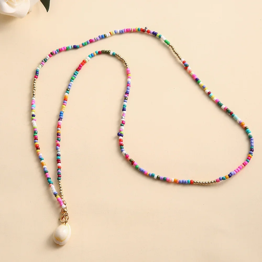 Boho Vintage Mixed Color Rice Bead Long Chain Shell Pendant Necklace For Women Female Fashion Pastoral Ethnic Style Jewelry Gift