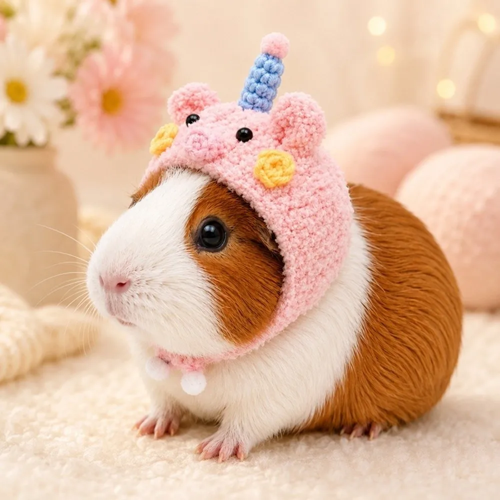 Adjustable Ties Small Pet Plush Crochet Hat Sunflower Soft Skin-Friendly Guinea Pig Costume Hat Hand Crocheted Shape-Retaining