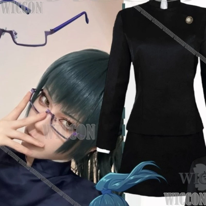 

Juts Isen Cosplay Maki Zeninn JK Japanese School Uniform Black Dress Dark Green Wig Purple Glasses Halloween Comic Con Festival