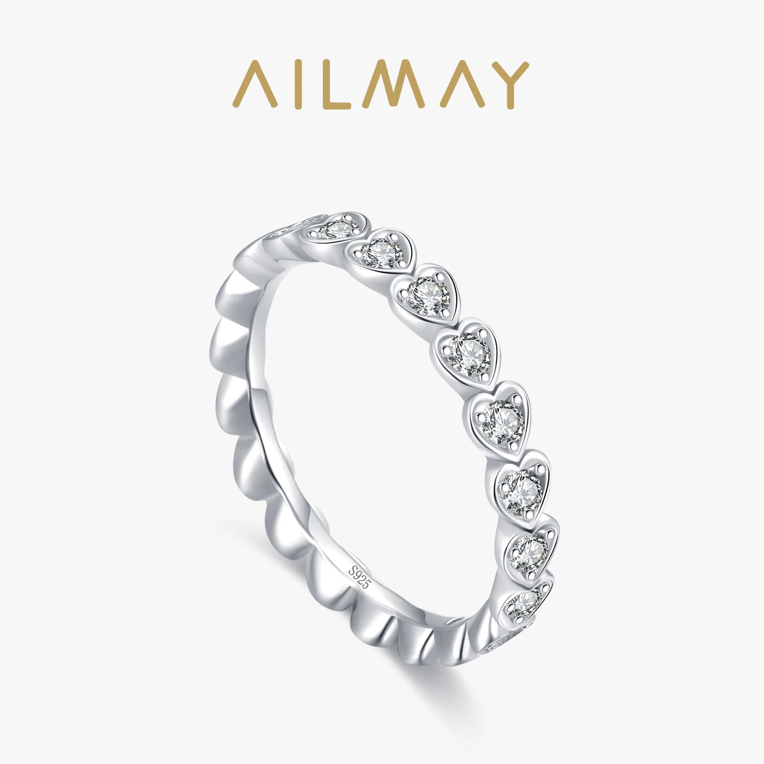 Ailmay Authentic 925 Sterling Silver Shiny Clear CZ Romantic Heart Stackable Finger Ring For Women Wedding Engagement Jewelry